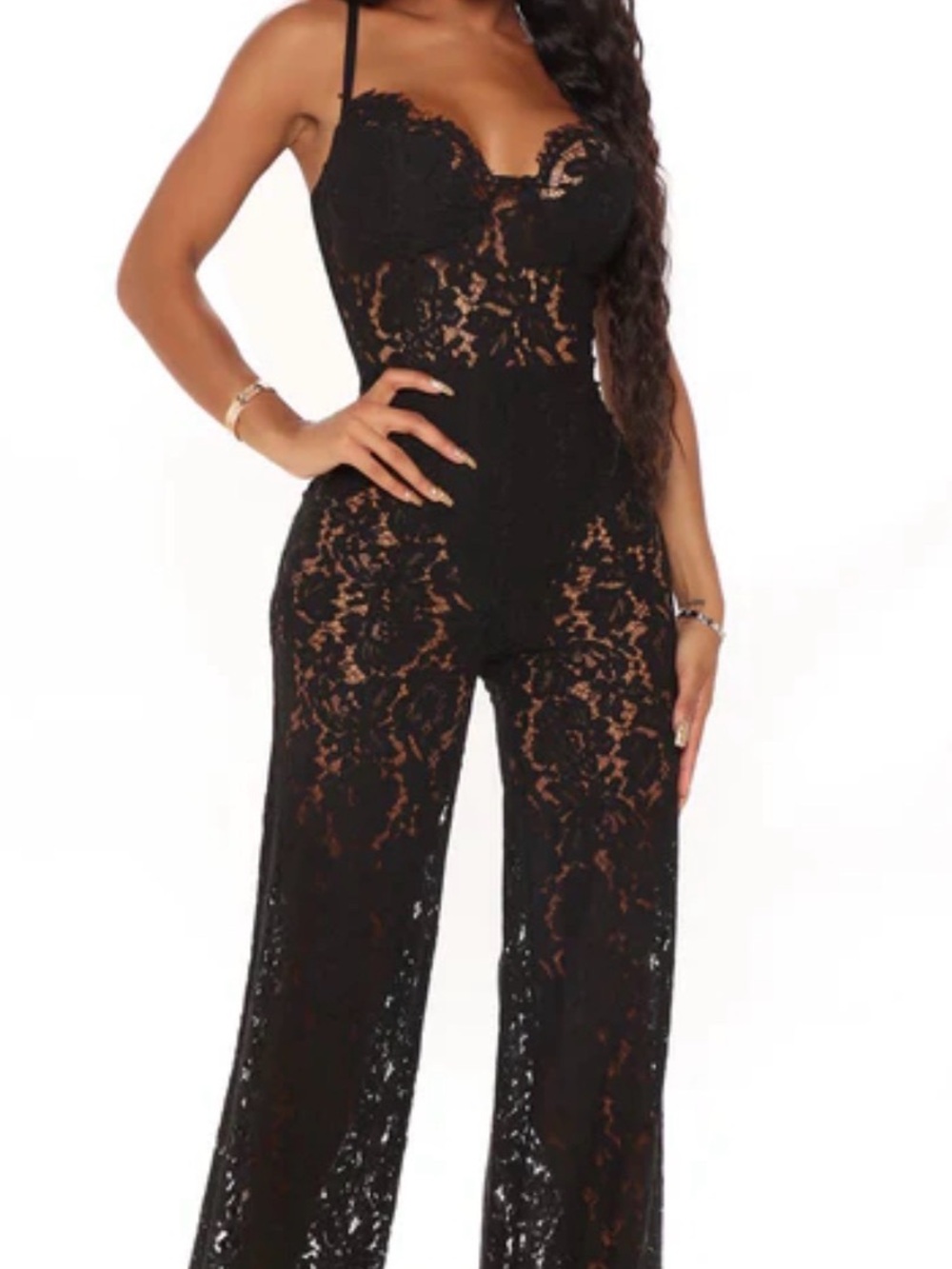 Fashion nova wide leg lace see through with lining jumpsuit in black